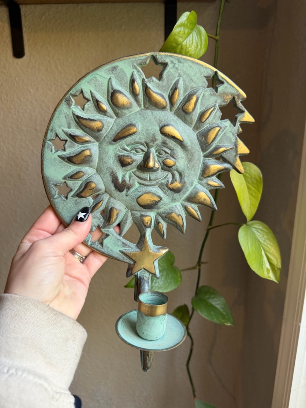 Vintage 90s PartyLite Sun Metal Wall Candle Holder - Patina Green & Gold